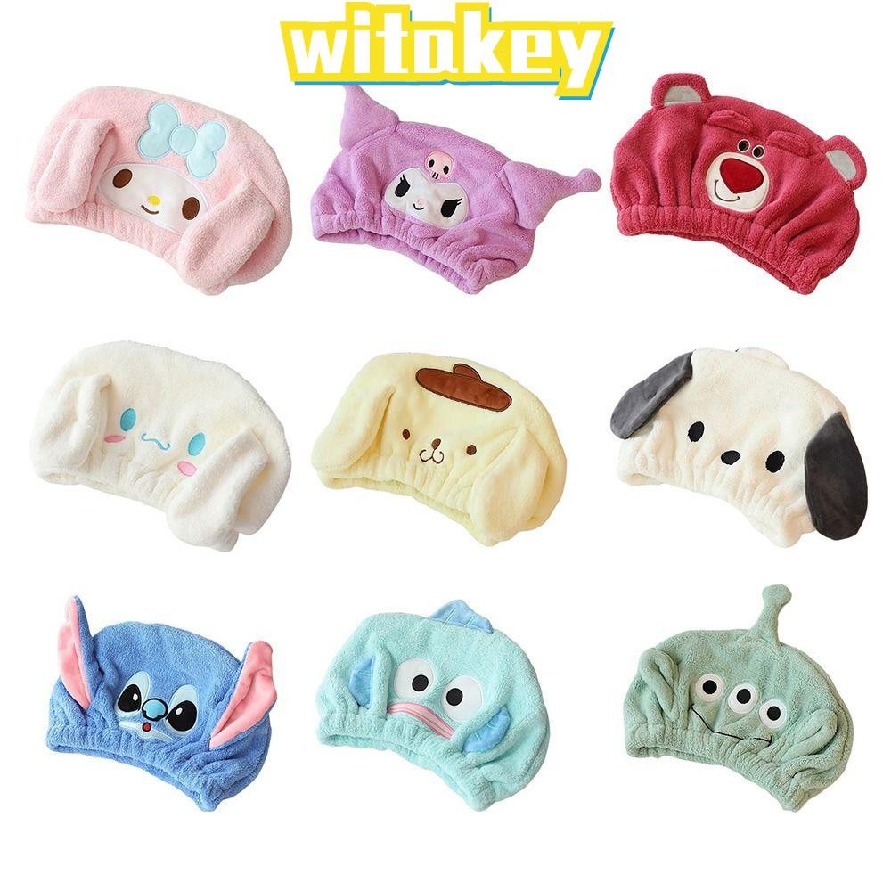 WITAKEY Sanrio ผมแห้งหมวก,หนาการ์ตูน Kuromi Melody Stitch Quick Dry Bath หมวก, ผ้าขนหนูหัวนุ่มขนแกะปะการัง Strong Absorbing Drying Hair Dry Wrap Bonnets