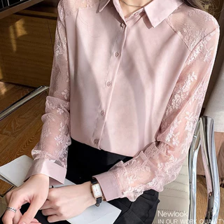 เสื้อเชิ้ตแขนยาว ผสมผ้าชีฟอง ลูกไม้ ทรงสวย