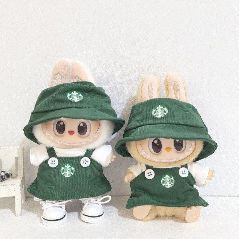 จี้ LABUBU Starbucks Overalls ชุดสูท 17 ซม. LABUBU Macaron นั่งด้านหน้า ตุ๊กตาเปลี่ยนเสื้อผ้า