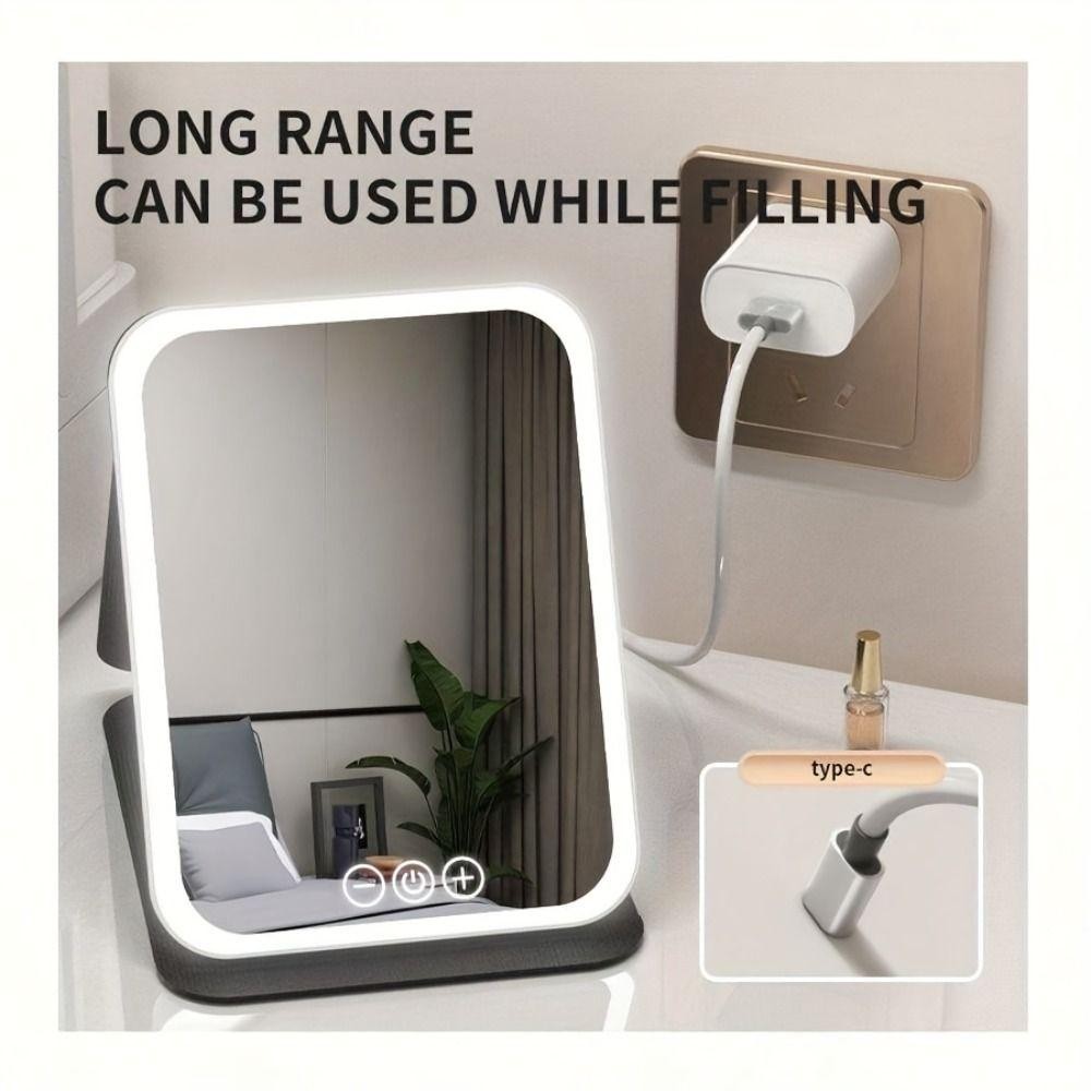 Keepin Travel กระจกแต่งหน้า,พับ 3 โหมดแสงสี LED กระจกตั้งโต๊ะ,USB ชาร์จ PU หนังหรี่แสงได้แบบพกพาหน้าจอสัมผัสกระจกโต๊ะเครื่องแป้ง Lady ของขวัญ