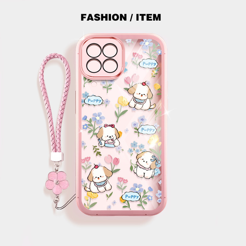 SAMSUNG ปลอกสําหรับsamsung Galaxy A12 M12 F12 A22 M22 F22 M32 M33 M53 4G 5G A22 5G A12 Nacho A12Sน่ารักลูกสุนัขป้องกันการตกโทรศัพท์ป้องกันกรณีดอกไม้เชือกแขวน