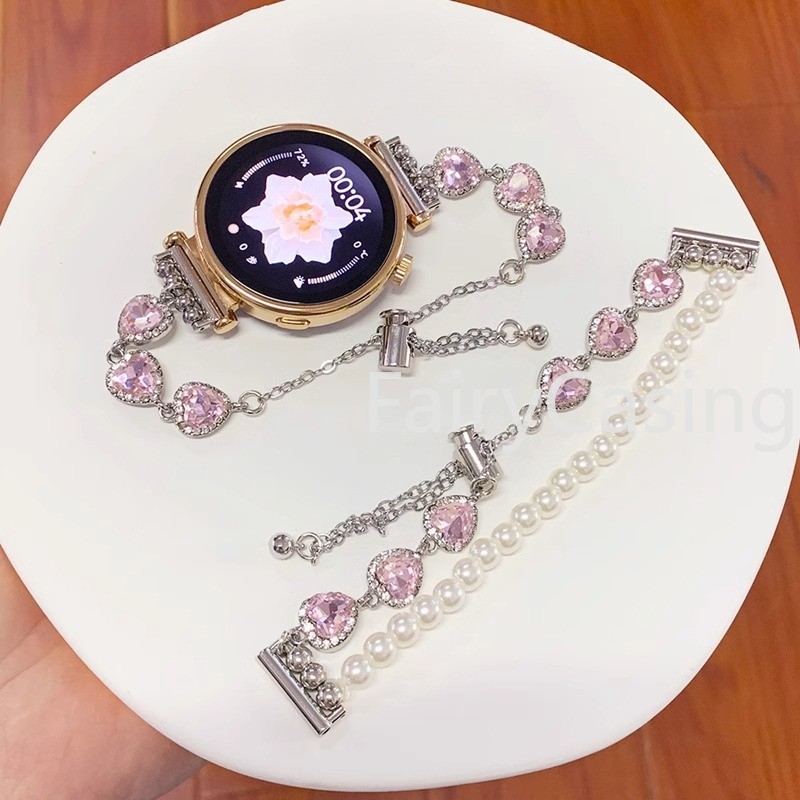 20 มม.22 มม.Luxury Pearl Love Heart สายโลหะสําหรับ Samsung Galaxy นาฬิกา 7 FE 6 3 4 41 45 มม.5 คลาสสิก 40 44 มม.สาวเครื่องประดับสร้อยข้อมือ