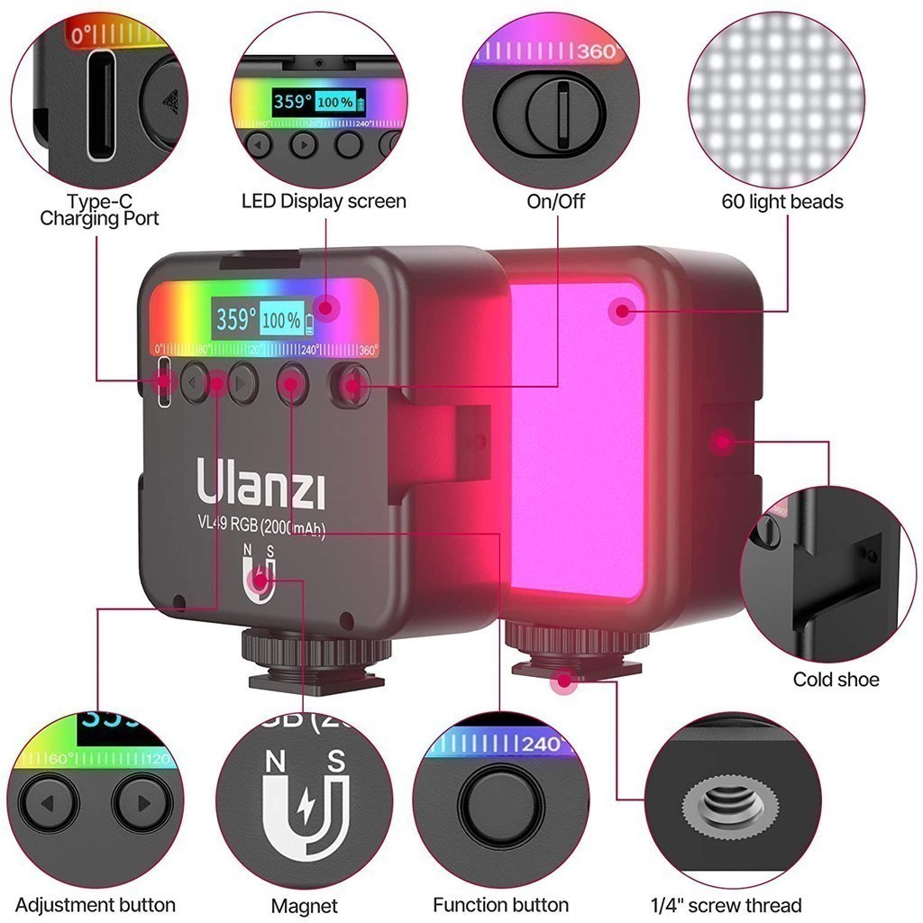 Ulanzi VL49 RGB ไฟ LED สตรีม ไลฟ์สด ถ่ายรูป วิดีโอ ชาร์จได้ ปรับสีได้