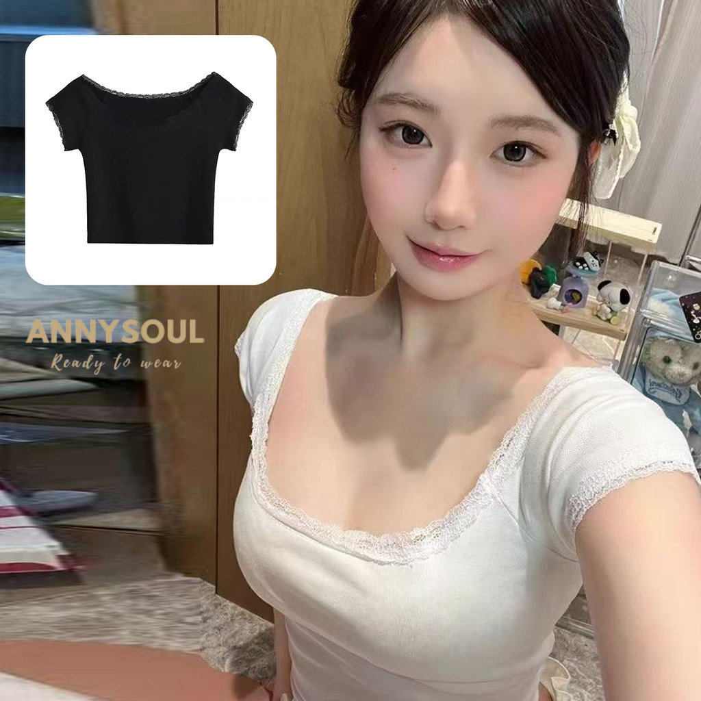 เสื้อครอปแขนสั้นสีขาวผ้าลูกไม้ สไตล์หวานๆ สวยสง่า