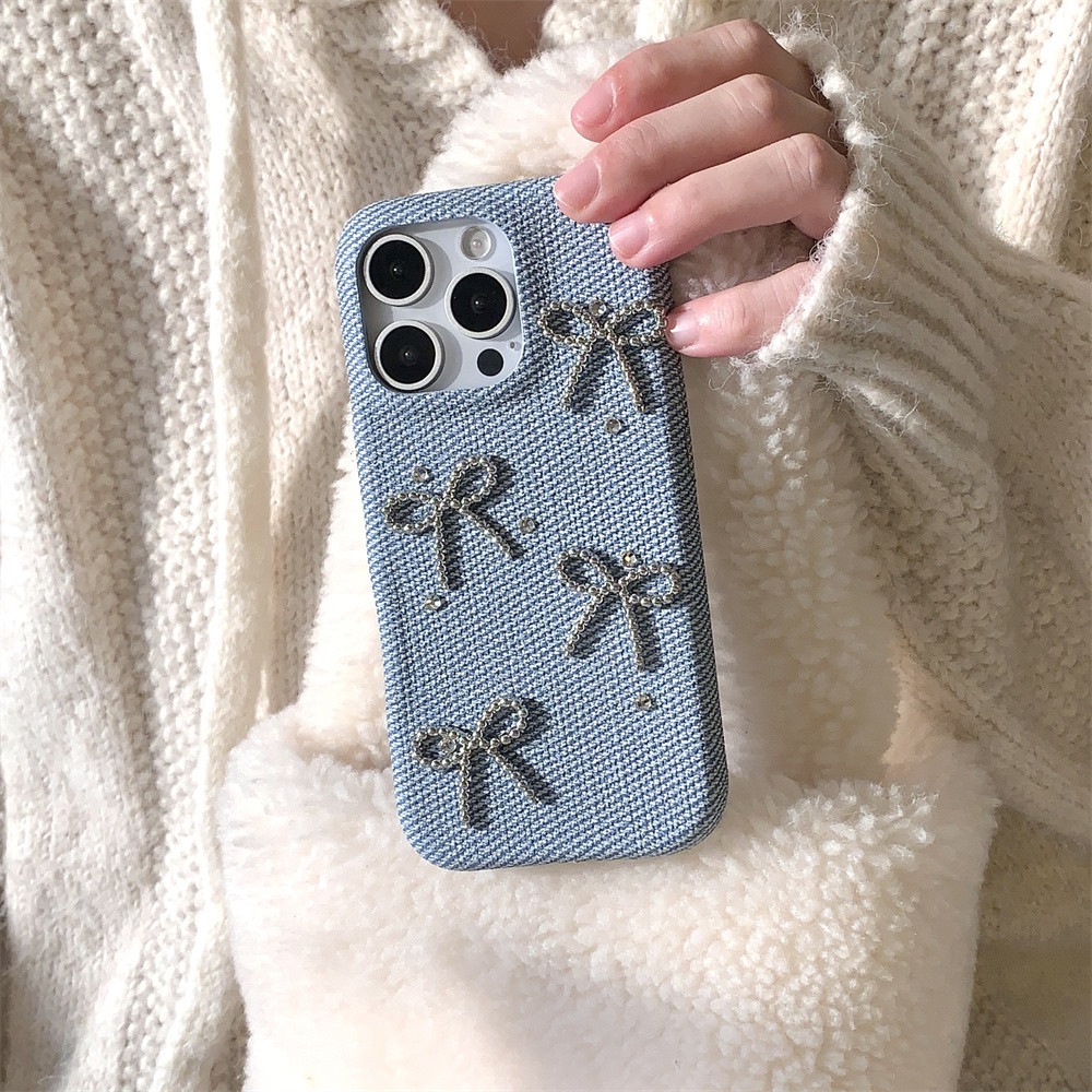 3d Diamond Bowknot เหมาะสําหรับ iPhone 15 เคสโทรศัพท์ 13 Pro Max 14 15 Pro Max แฟชั่น denim hard ฝาครอบป้องกันกรณี