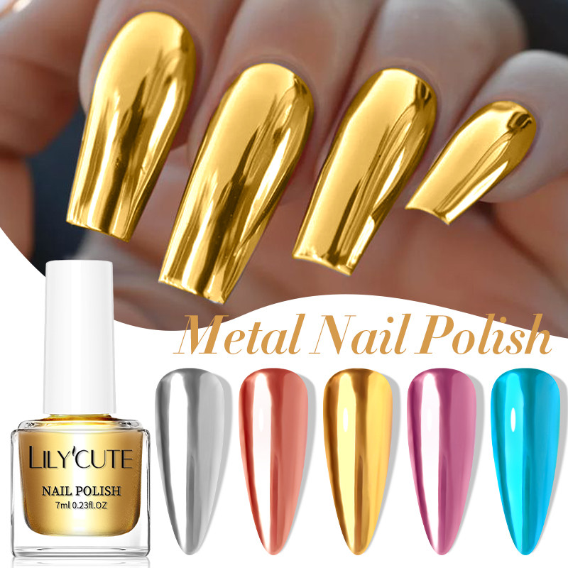 Lilycute 7ml กระจกโลหะเล็บ Super Bright Metallic Effect เล็บเคลือบเงาไม่จําเป็นต้องโคมไฟ