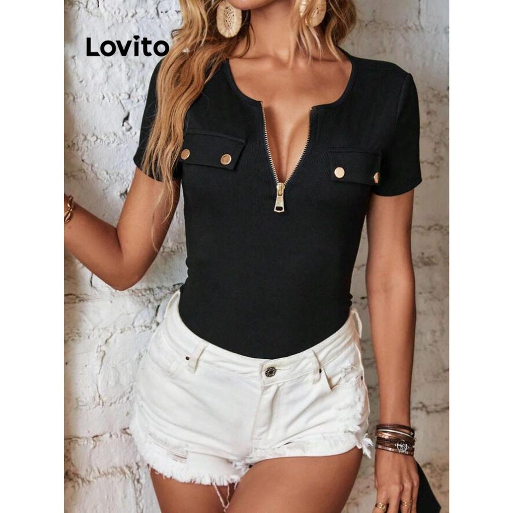 Lovito เสื้อยืดผู้หญิงซิปธรรมดาสบาย ๆ ซิปธรรมดากระเป๋าปลอมเสื้อยืดสำหรับผู้หญิง LNL73318