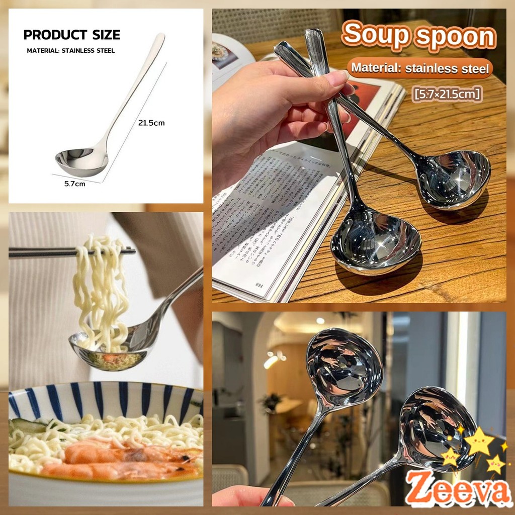 Zeeva【มีสินค้าในสต๊อก】 ช้อนซุป ช้อนสแตนเลส ช้อนตักซุปสไตล์เกาหลี ขนาดใหญ่ ด้ามยาว Scoop