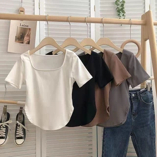เสื้อแขนสั้นผู้หญิงคอเหลี่ยมลึก ผ้านุ่มดีสำหรับยืดตามตัว