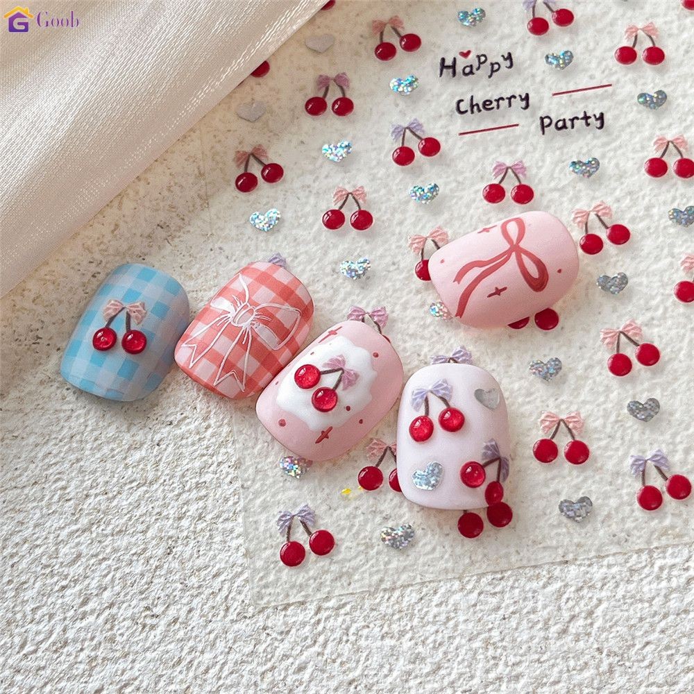 สติ๊กเกอร์เล็บเชอร์รี่สีแดง น่ารักหวานโบว์เชอร์รี่สติกเกอร์ตกแต่งเล็บ 【goob】