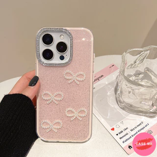 เกาหลี 3D Pearl Bowknot Glitter Diamond TPU เคสโทรศัพท์สําหรับ iPhone 16 15 14 Plus 13 12 11 Pro Max 15Pro 2 IN 1 Thicken ป้องกันมือถือกลับปลอก