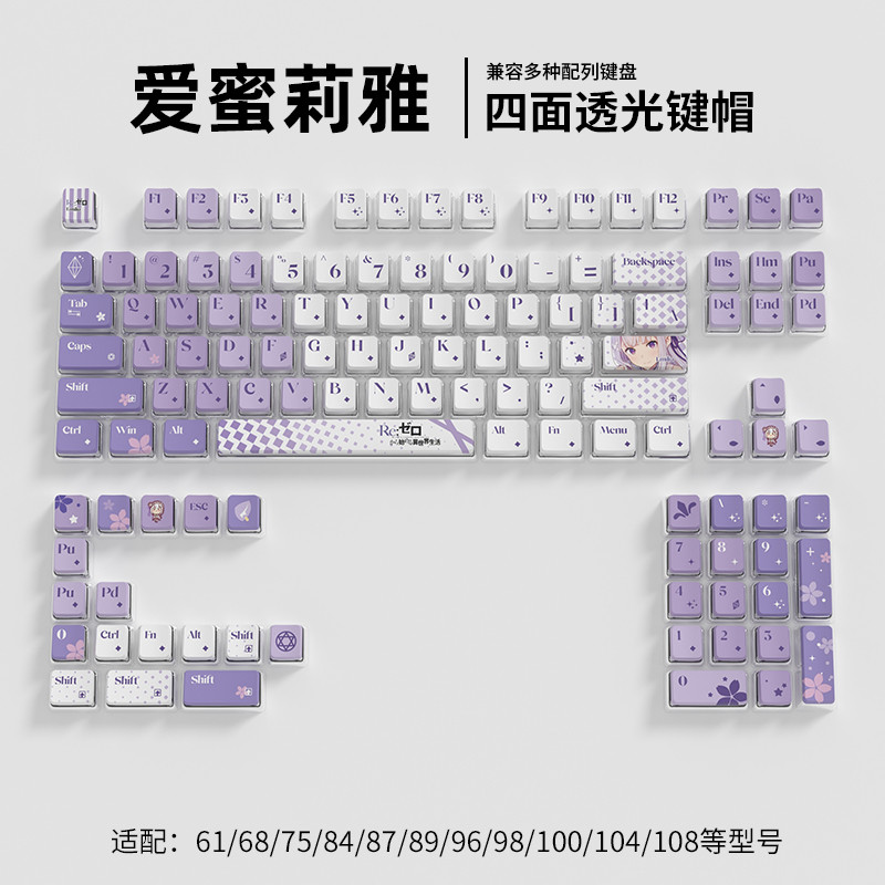 Rem Keycap โปรไฟล์ OEM PBT 120 คีย์ Four-sided Light Transmission Dye Sublimation Blue Purple Pudding Keycaps น่ารักอะนิเมะ Natsuki Subaru Emilia Pudding Keycaps สําหรับ Aula F75 Mad 68