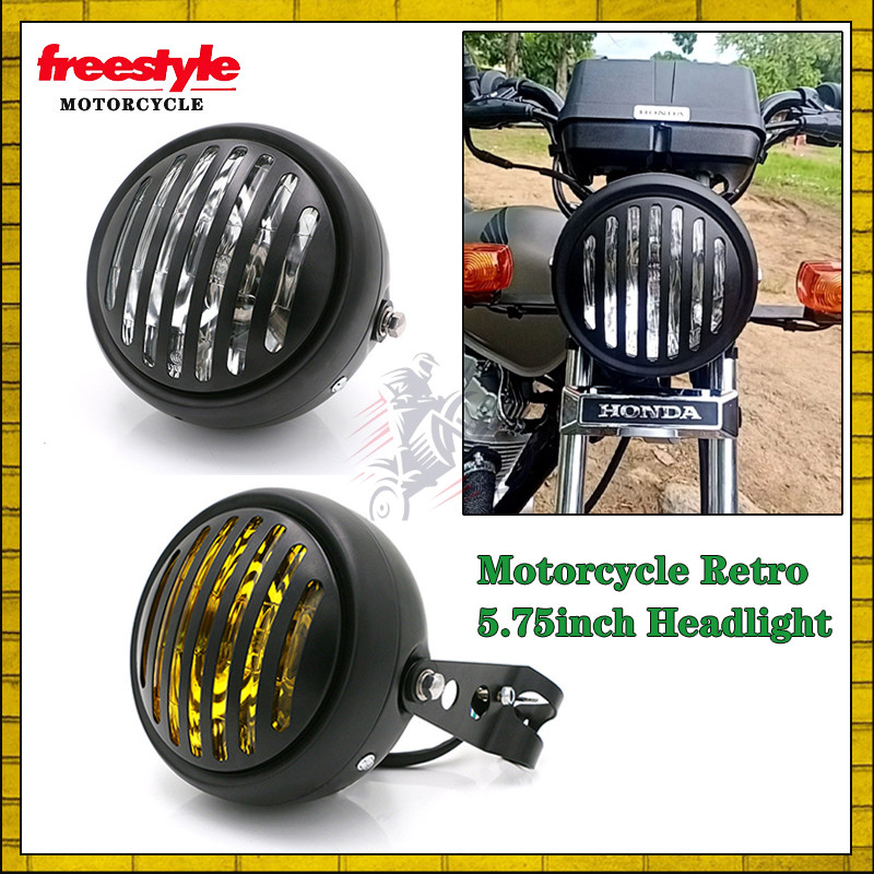 ไฟหน้ารถจักรยานยนต์โลหะสีดํา Grille ไฟหน้า Retro รอบสีเหลืองไฟหน้าสําหรับ yamaha Honda Universal CG125/GN125/TMX