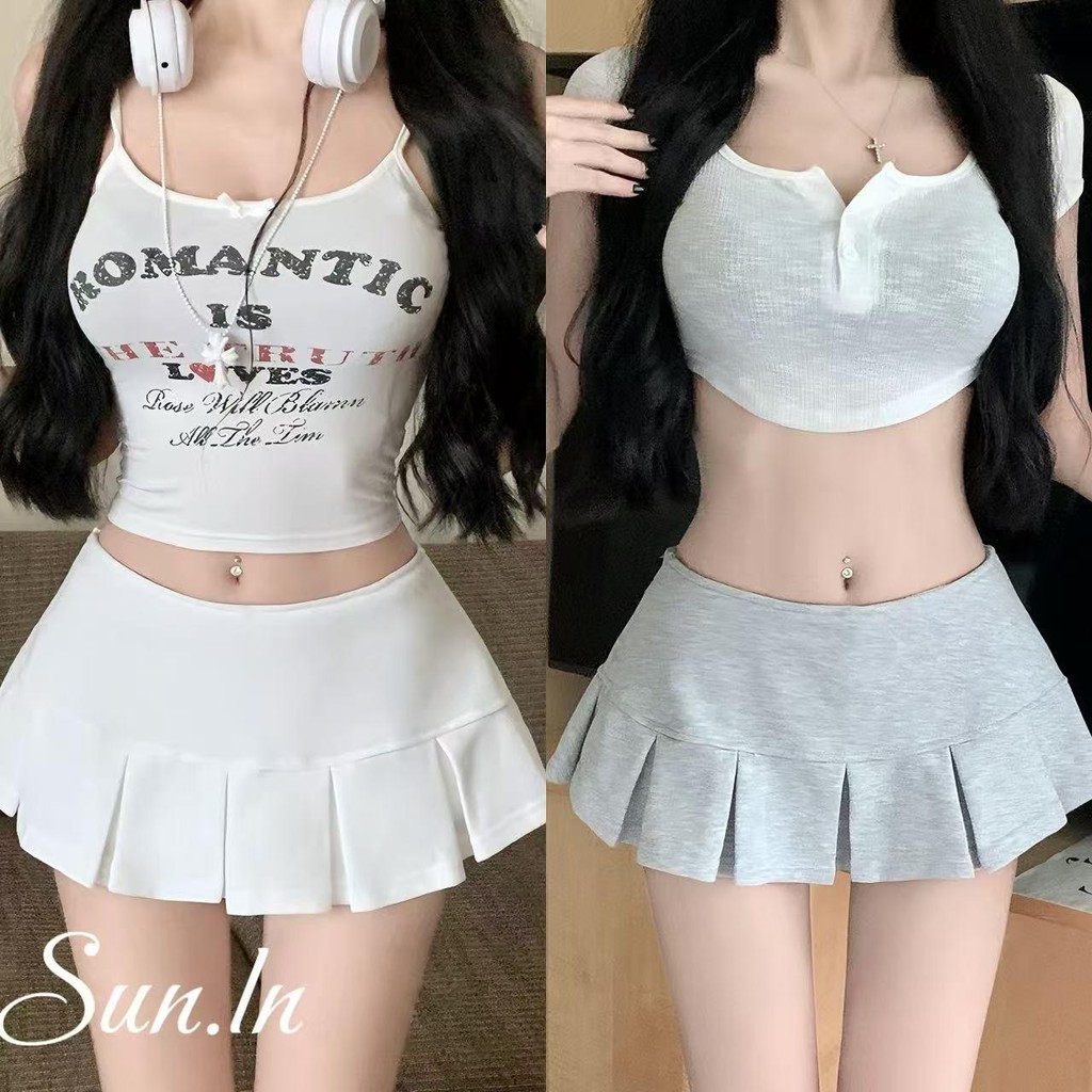 SUN🛍️พร้อมส่ง🛍️กระโปรงจีบผู้หญิงฤดูร้อน กระโปรงสาวร้อนอเมริกัน กีฬาสไตล์ culottes เอวต่ำ กระโปรงทรงเอ