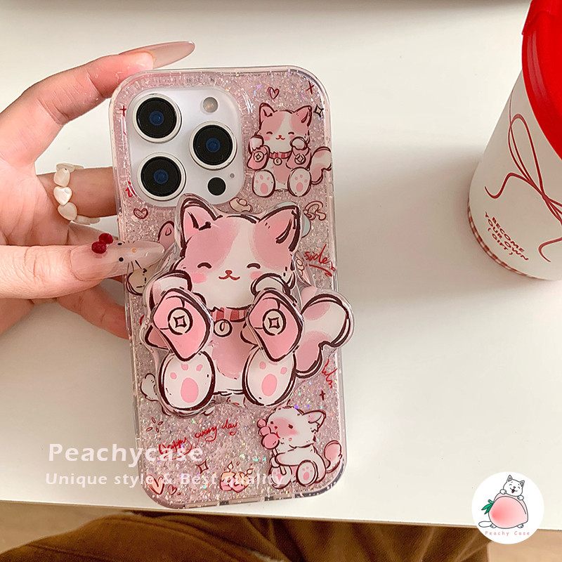 น่ารักหมุนได้สีแดง Rnvelope Cat Holder Stand Glitter เคสโทรศัพท์สําหรับ iPhone 16 15 14 13 Pro Max 16promax IMD กันกระแทกไร้สายชาร์จปกหลัง Shell
