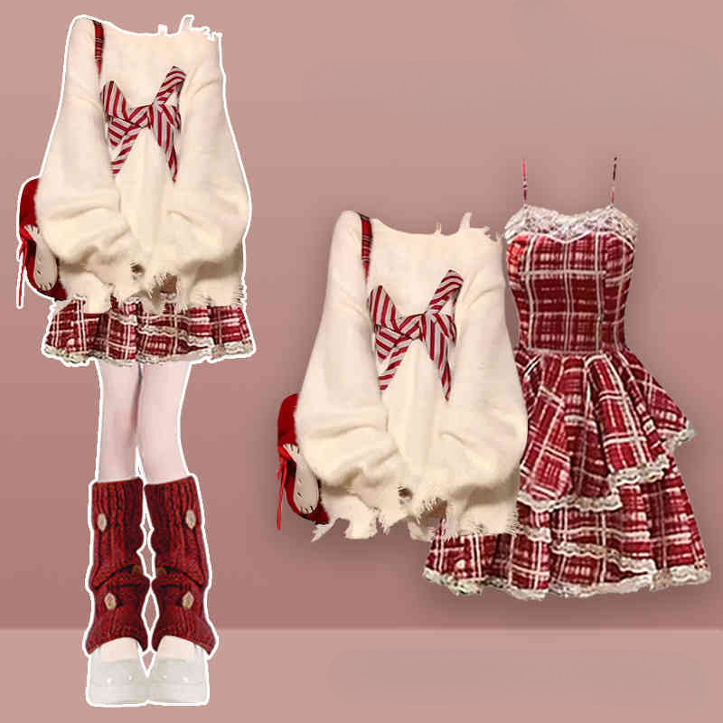 ชุดเสื้อสเวตเตอร์ถักโบว์สีแดงสำหรับปีใหม่ชุดสองชิ้น