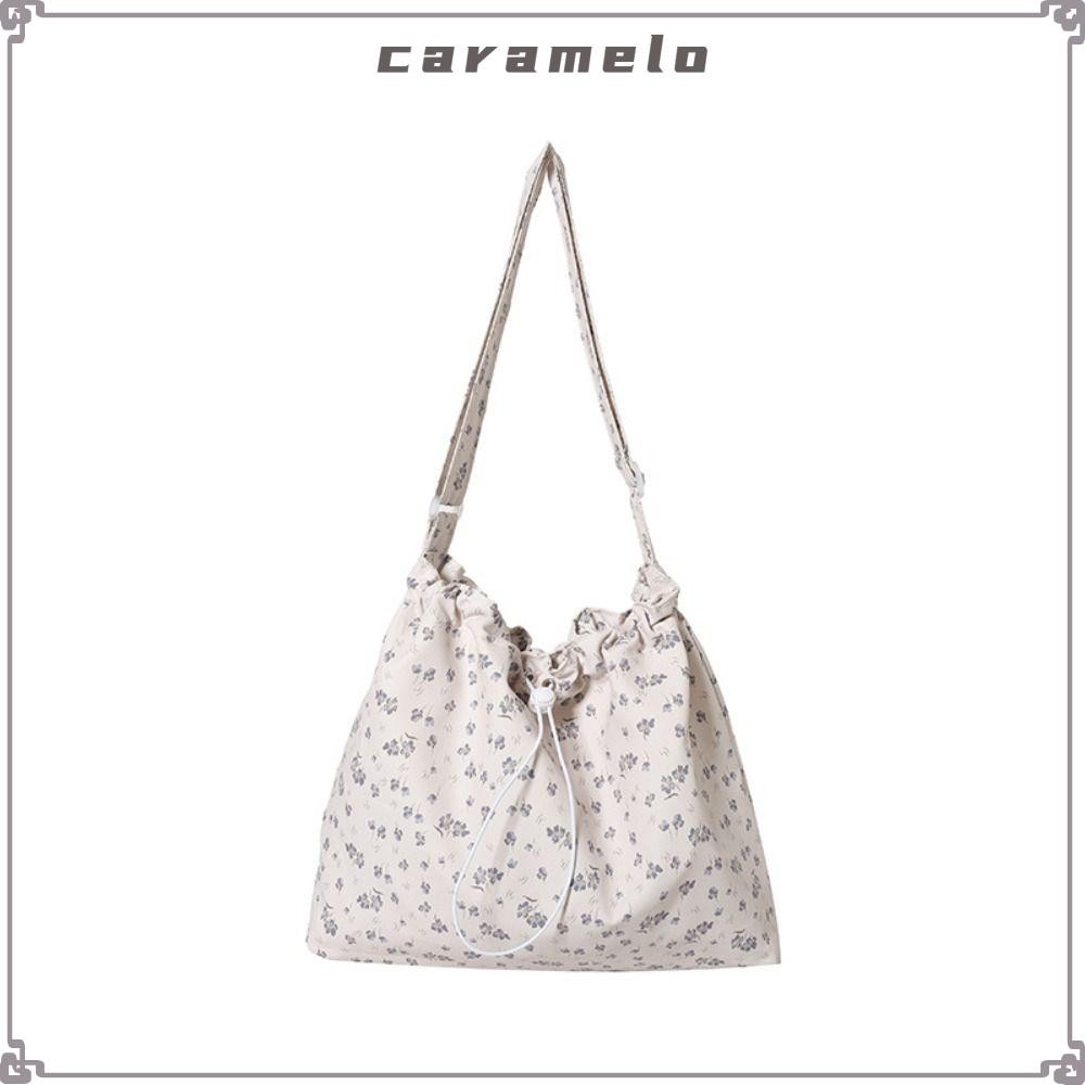CARAMELO กระเป๋าผ้าแคนวาส, กระเป๋าโท้ทความจุขนาดใหญ่อเนกประสงค์เรียบง่ายพิมพ์ลายดอกไม้ลายดอกไม้กระเป๋าสะพายไหล่เดียวนํากลับมาใช้ใหม่ได้