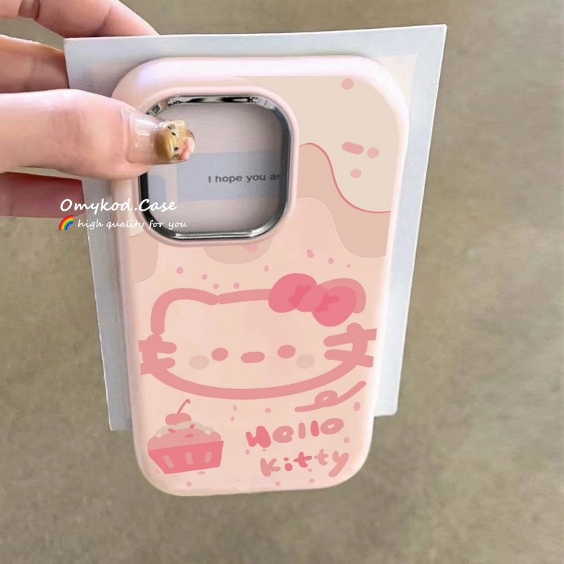 High End Electroplated Soft Casing เข้ากันได้กับ IPhone 11 16 12 14 15 13 Pro Max 7 8 Plus SE2020 X Xr Xs Max INS น่ารักเค้กสีชมพู Hello Kitty เคสโทรศัพท์ Anti Drop Protection