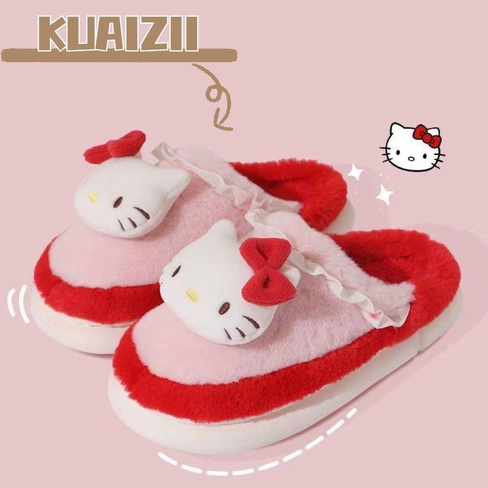 Kuaizii รองเท้าผ้าฝ้ายตุ๊กตาเด็กผู้หญิง,รองเท้าแตะผ้าฝ้าย Sanrio หนาลําลอง,Hello Kitty Kuromi นุ่มน่ารักรองเท้าแตะฤดูหนาวสําหรับนักเรียนสําหรับนักเรียน