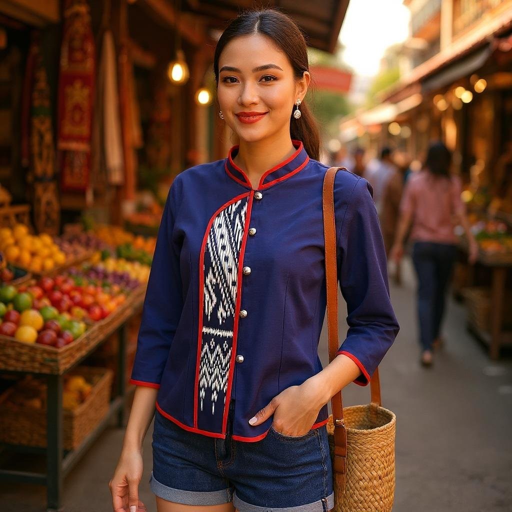 เสื้อผ้าฝ้ายผู้หญิง-แขนสามส่วน-ลายขอ-สีส้มอิฐ