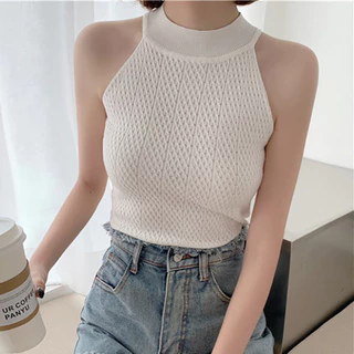 เสื้อสายเดี่ยวคล้องคอไหมพรมแขนกุดแฟชั่น สำหรับใส่หน้าร้อน ใส่เดี่ยวก็สวย ใส่ทับก็เก๋
