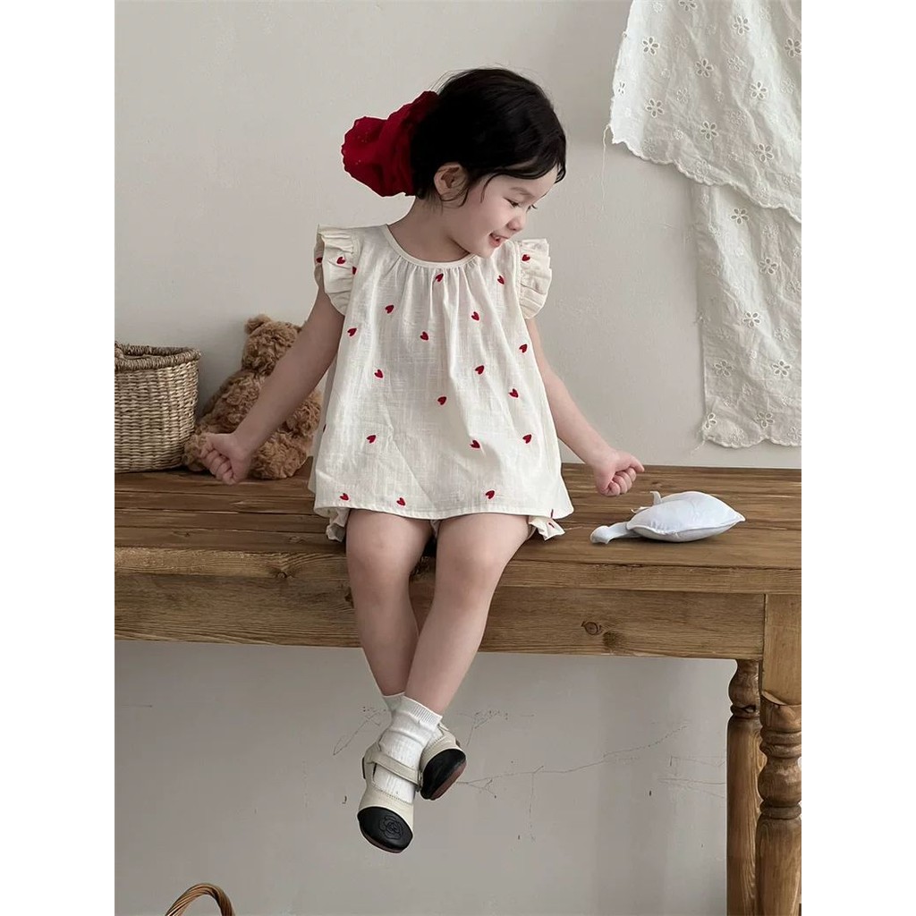 ฤดูร้อนเด็กหัวใจปักบินแขนทารกเสื้อสูทสาวเวอร์ชั่นเกาหลีเสื้อกั๊กด้านบน + กางเกงลูกไม้ชุดสองชิ้น - รูปที่ 7