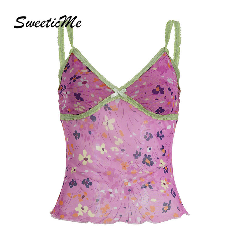 SweeticMe เสื้อสตรีแฟชั่นใหม่วันหยุดลําลองดอกไม้พิมพ์สายรัดคอวี Camisole