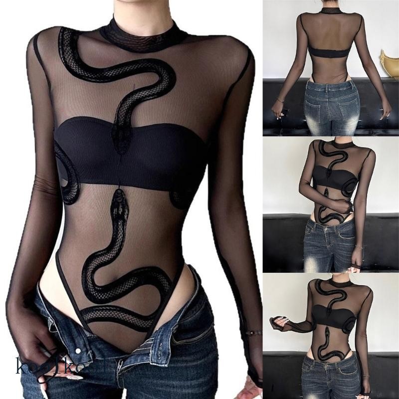 Kool Women Sheer Mesh Long Sleeve Bodysuit Tops See Through Jumpsuit Leotard Clubwear