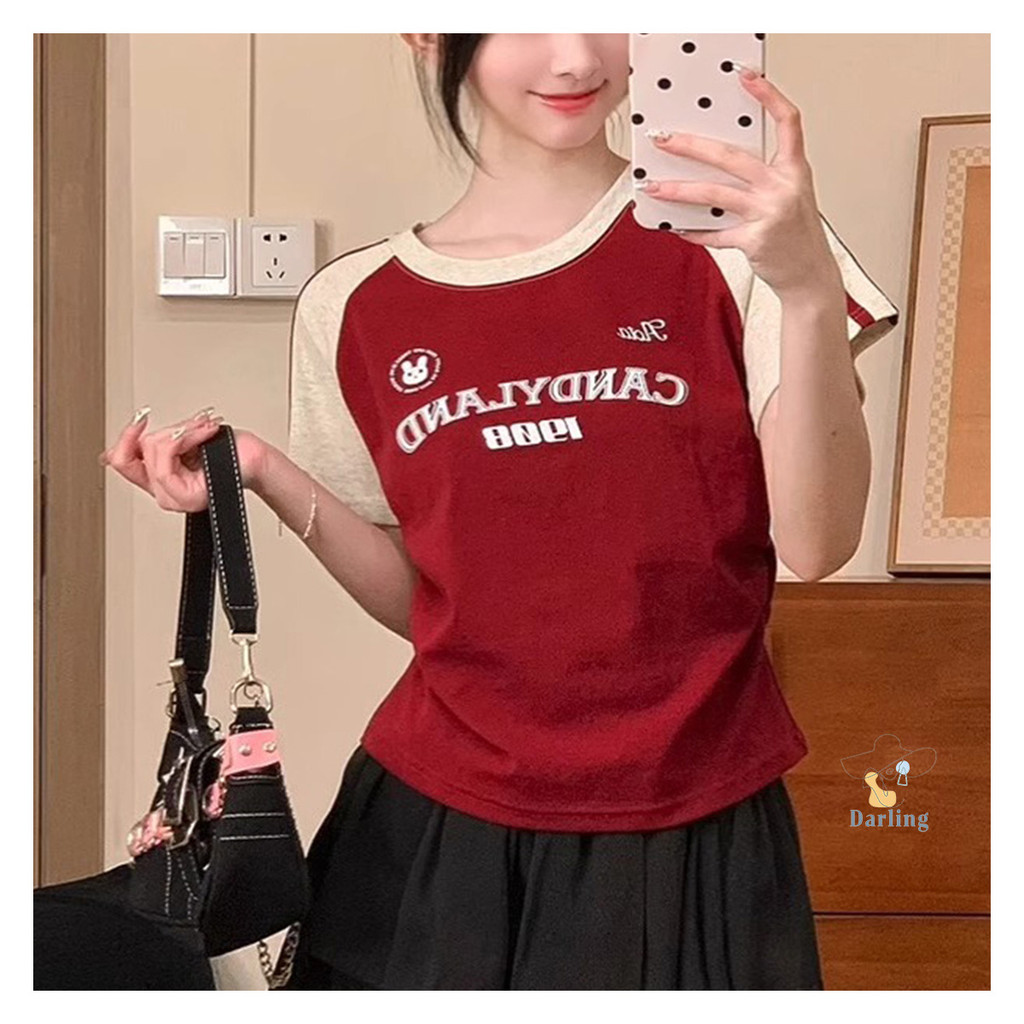 เสื้อยืดแขนสั้น ดีไซน์แยกสี ทรงกระชับ