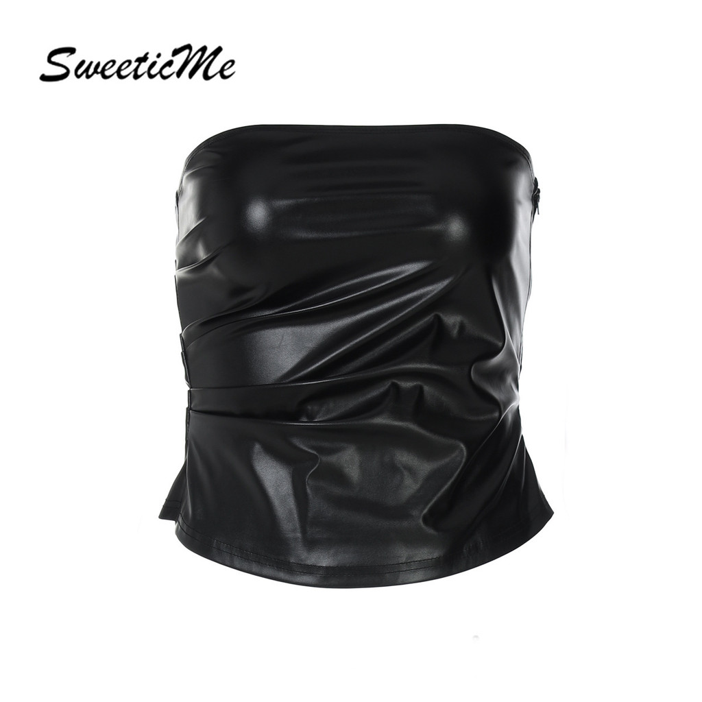 SweeticMe ผู้หญิง 2025 ใหม่แฟชั่นสีทึบSlim Fit เซ็กซี่ PU หนังTube Tops