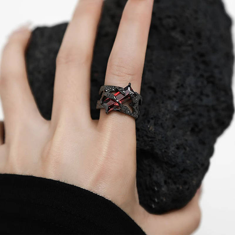 【Ready Stock】 Dark Lava Texture Gemstone Ring Female Special-Interest Design High-Grade Unique Trend
