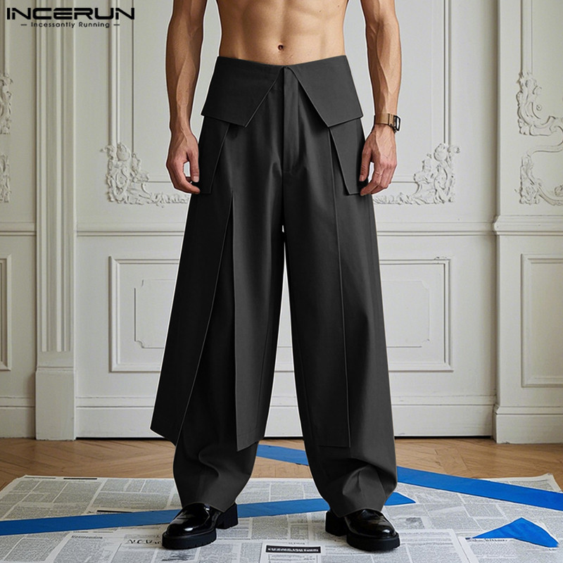 Incerun Men Vintage Casual Turn-Up เอวกางเกงสีทึบ Presale