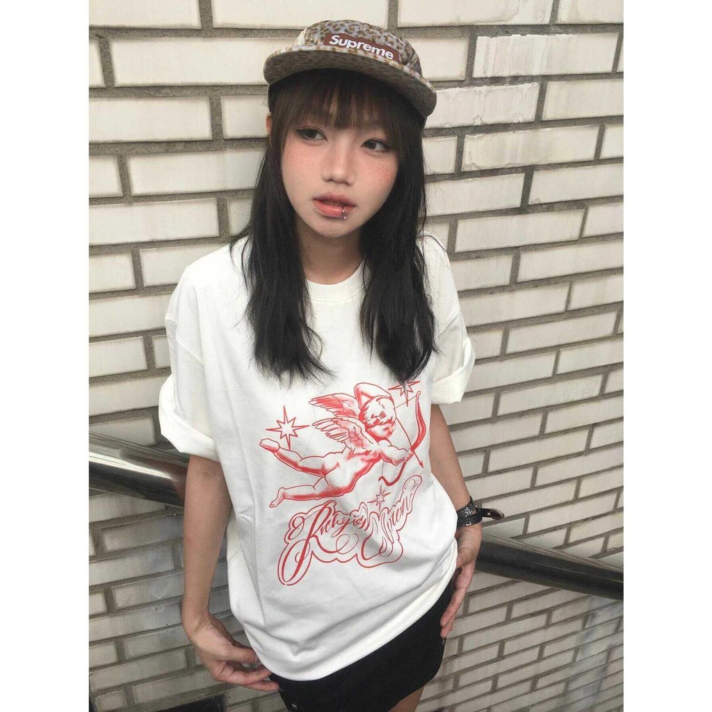 Papaya เสื้อยืด Oversize ลายแองเจิลแฟชั่นสำหรับผู้หญิง ผ้าฝ้าย 100% สวมใส่สบาย WS1123 Clothing Lady