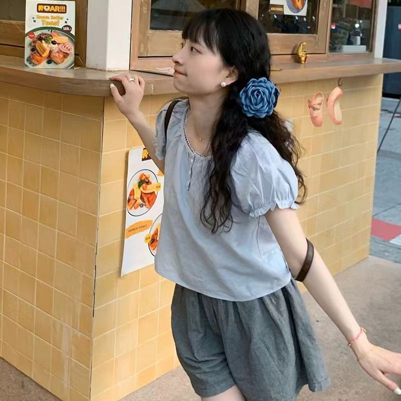 🧡LINNA🧡คอกลม ลูกไม้ แขนสั้น เสื้อเชิ้ต สไตล์ใหม่