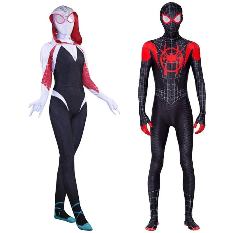 ชุดสไปเดอร์แมนซูเปอร์ฮีโร่แมงมุม Gwen Miles Morales Spider คอสเพลย์เครื่องแต่งกายบอดี้สูทฮาโลวีนเครื่องแต่งกาย