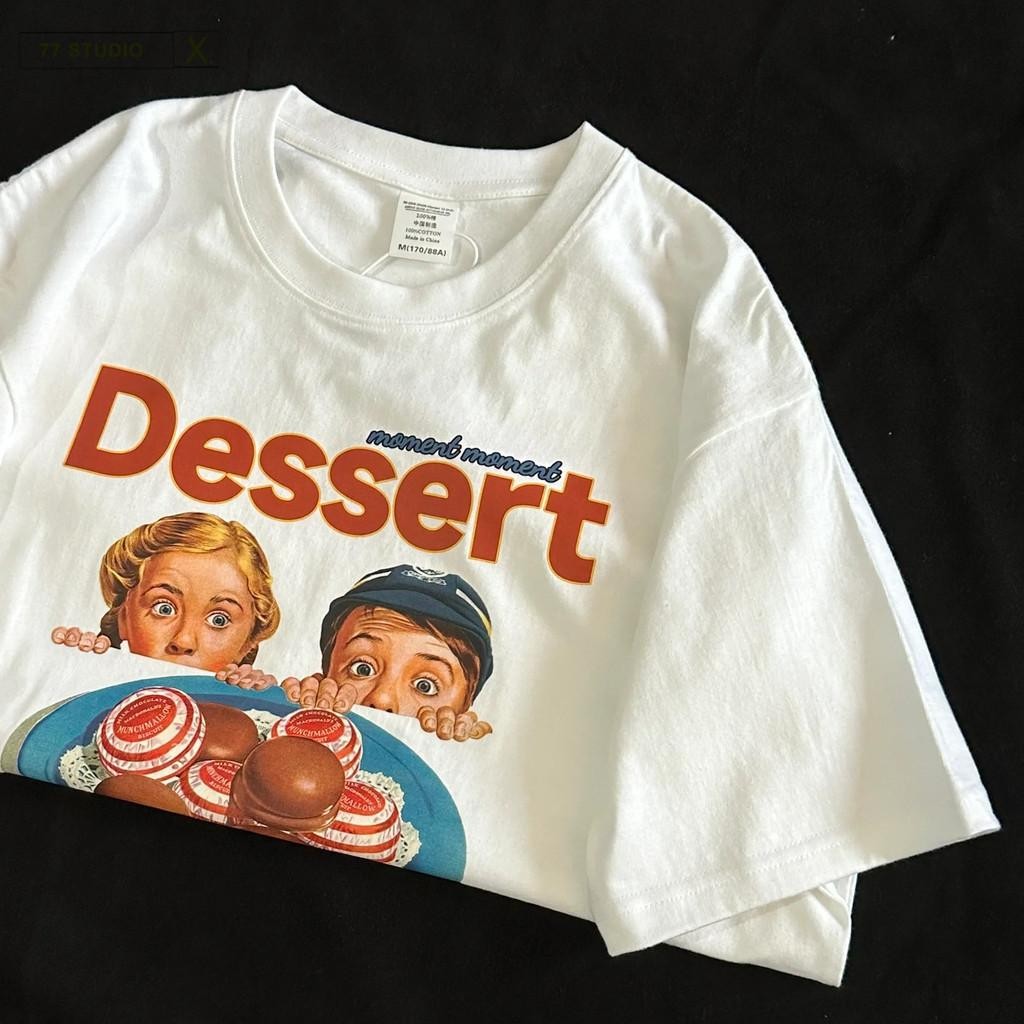 Papaya เสื้อยืด Oversize ลาย "Dessert Retro" สไตล์วินเทจ ใส่ได้ทั้งผู้ชายและผู้หญิง คอตตอน 100% WS1269 ผ้าฝ้าย Tshirt