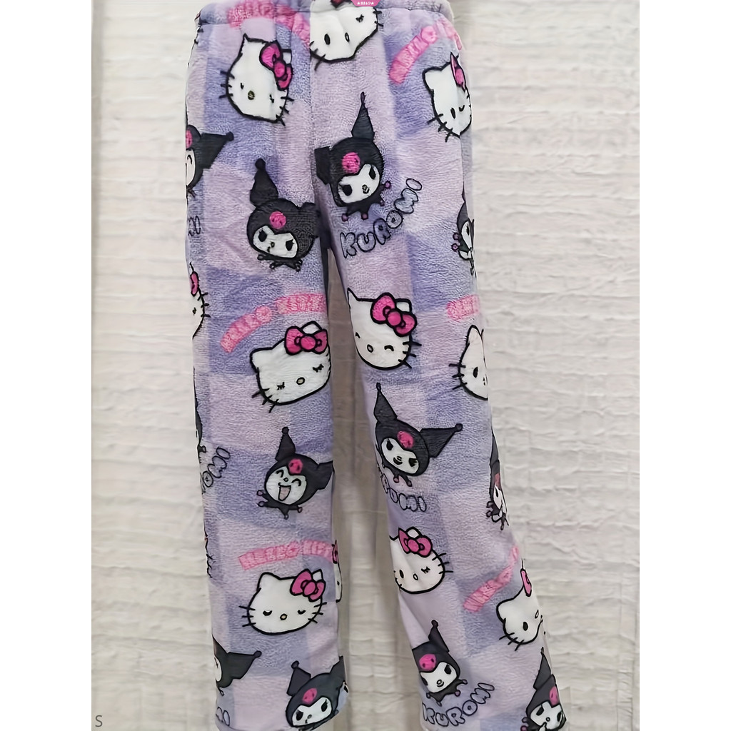 กางเกงนอน Sanrio Hello Kitty & Kuromi Cozy - พิมพ์ลายสัตว์น่ารัก ซับในผ้าฟลีซอุ่นสําหรับฤดูใบไม้ร่วง/ฤดูหนาว แฟชั่นผู้หญิง