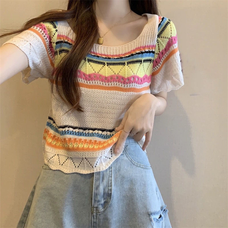 ⭐Fern Shop เสื้อยืดแขนสั้นสั้นผู้หญิงเสื้อถักฤดูร้อน