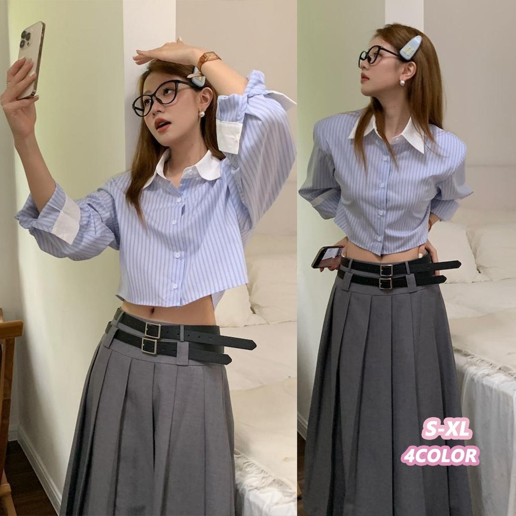 🌻Grace🌻เสื้อเชิ้ตครอปแขนยาวลายทาง เสื้อเชิ้ตสีฟ้า เสื้อครอป เสื้อเชิ้ตสีตัดกันมีสไตล์และชิค W555