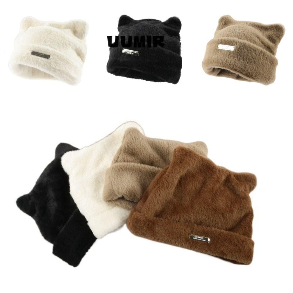 ยูมิร์ หมวกอบอุ่น,หมวกถักขนมิงค์เลียนแบบระบายอากาศ, หน้าน่ารักเปิดเผยหูแมวขนาดเล็กป้องกันแสงแดดหมวกขนสัตว์ฤดูหนาว