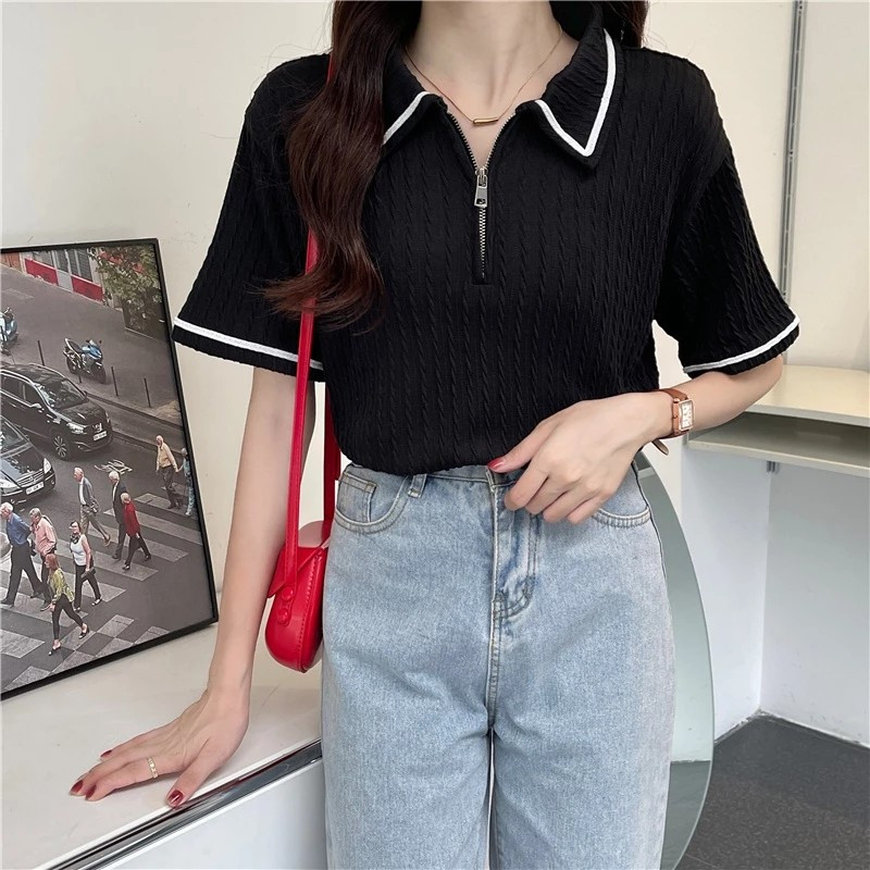 🕯️ 🙏เสื้อโปโลแขนสั้น คอปก ทรงหลวม สีพื้น เข้ากับทุกการแต่งกาย แบบเรียบง่าย แฟชั่นฤดูร้อน สําหรับผู้หญิง