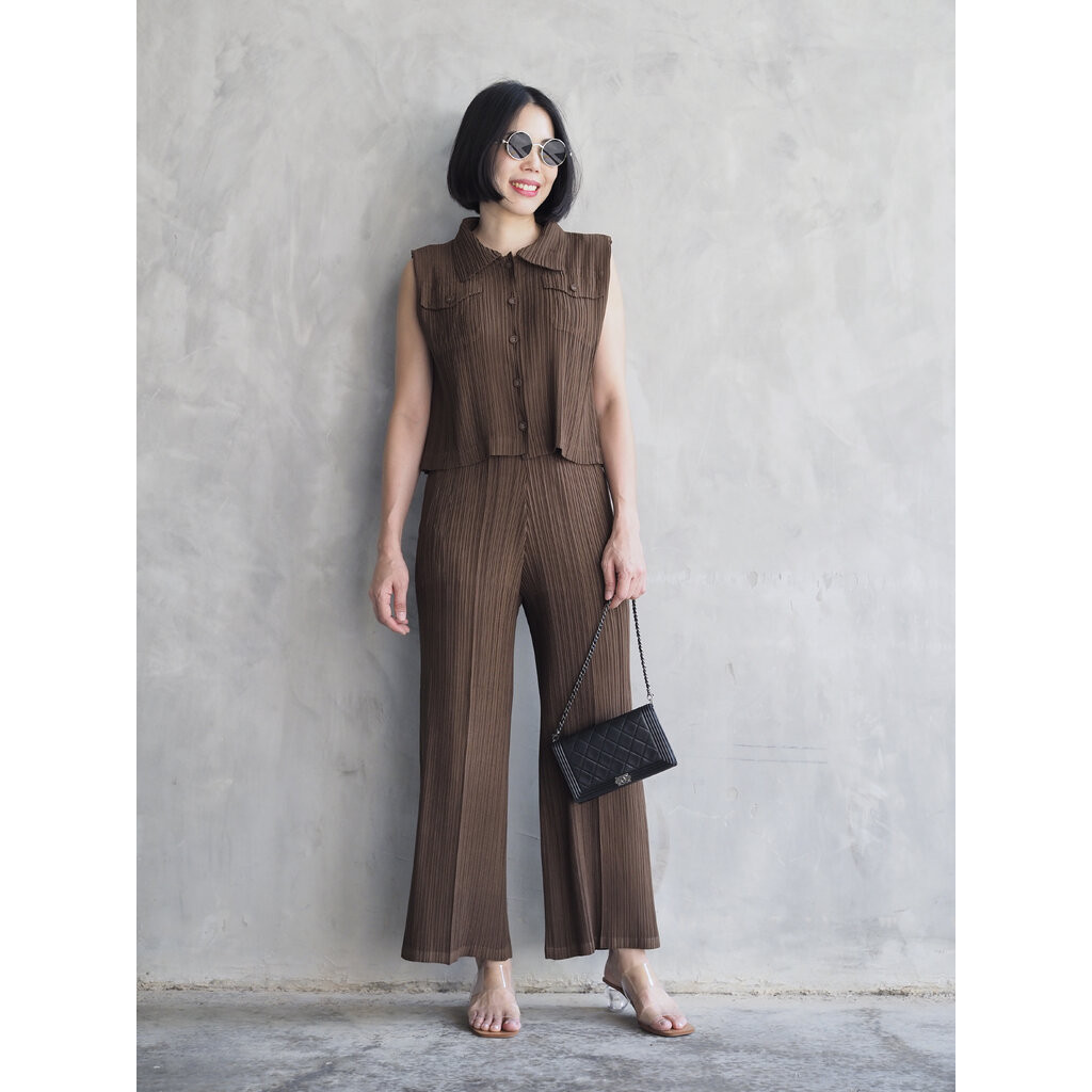 2MUAY รุ่น GJO1795 /GJO2030-9 เซ็ตพลีทคุณภาพ SLEEVELESS COLLAR BUTTON FRONT PLEATED SET 12สี FREE SIZE