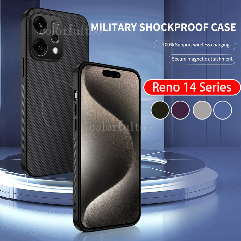 พื้นผิวโลหะหรูหราแม่เหล็กชาร์จไร้สายเคสโทรศัพท์สําหรับOppo Reno 15 14 Pro 14Pro 14F 15F Reno15ProMax Mini 5Gปลอกคาร์บอนไฟเบอร์รูปแบบPCกันชนกันกระแทกปกหลัง