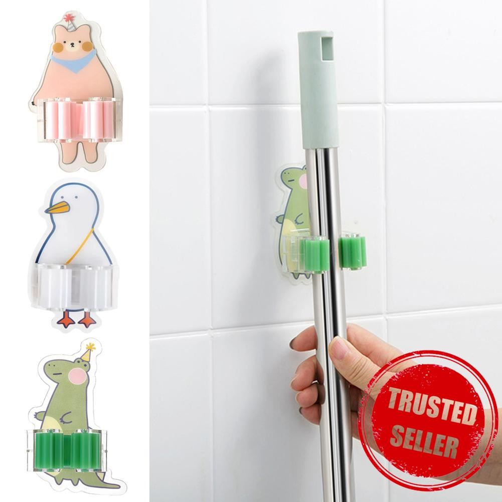 Self กาว Mop ผู้ถือไม้กวาดติดผนังการ์ตูนห้องน้ําไม้กวาด Rack เครื่องมือเก็บ Mop Z5p9