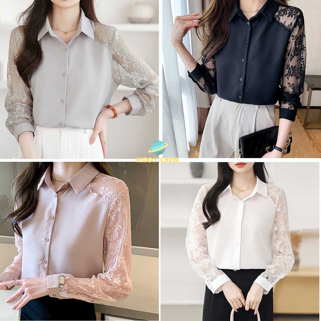 เสื้อเชิ้ตแขนยาว ผสมผ้าชีฟอง ลูกไม้ ทรงสวยหวาน