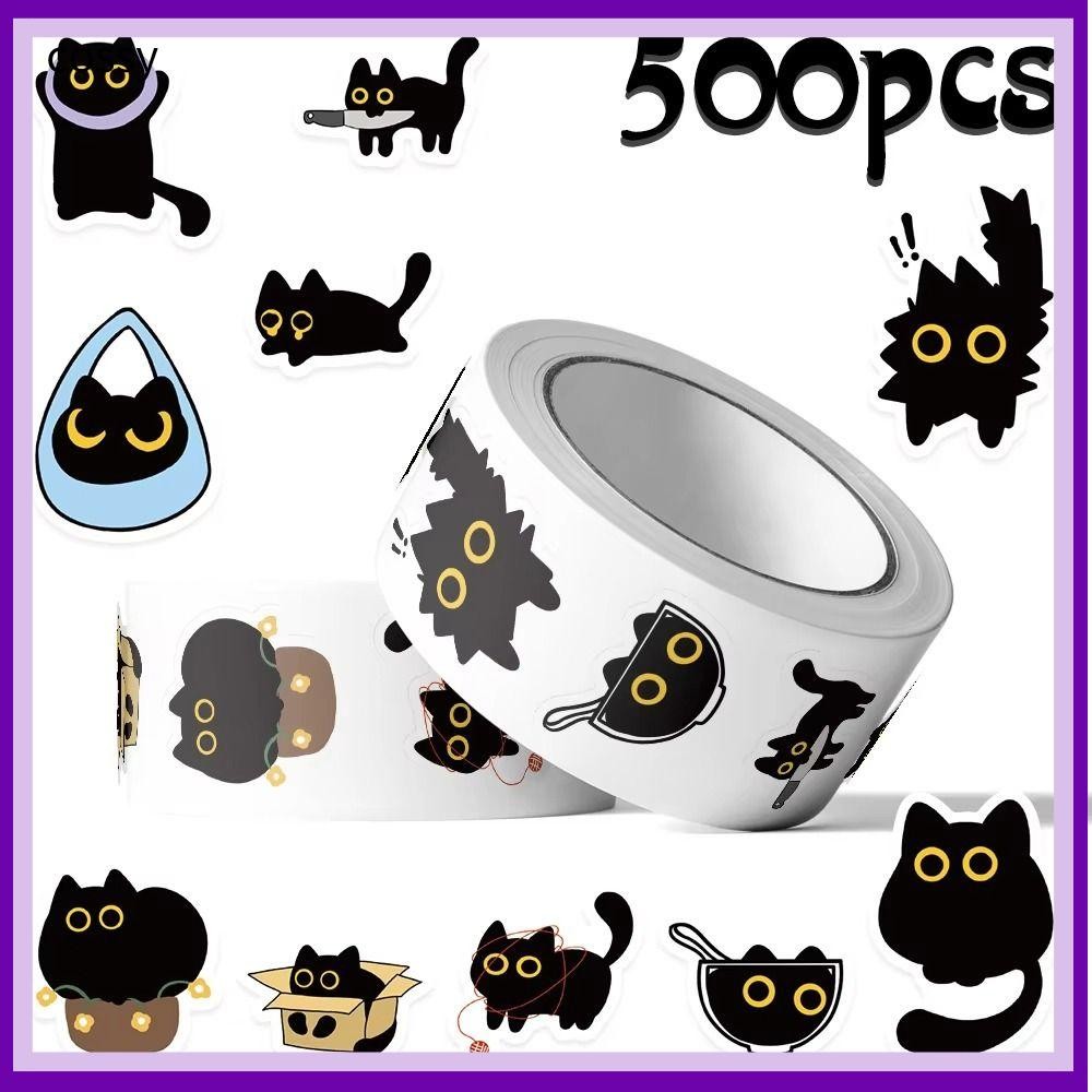 คอสซี่ 500ชิ้น/ม้วนสติกเกอร์แมว,สติกเกอร์แมวดําการ์ตูนกาวในตัว,สร้างสรรค์ ทําเอง กันน้ําน่ารักสติ๊กเกอร์กราฟฟิตีเครื่องเขี