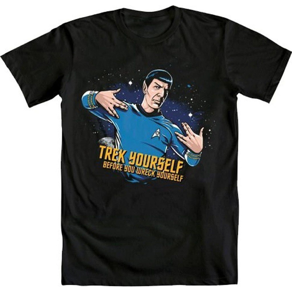 Star Trek Spock Trek Yourself Before You Wreck Yourself เสื้อยืดผู้ชายสีดําใหม่