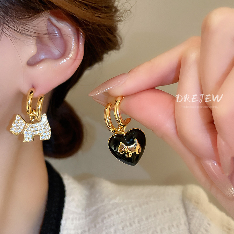 [เดรย์]ทองชุบไฟฟ้าเข็มเงินเพทายรักต่างหูสุนัขฝรั่งเศสย้อนยุคต่างหูหรูหราแสงหรูหร