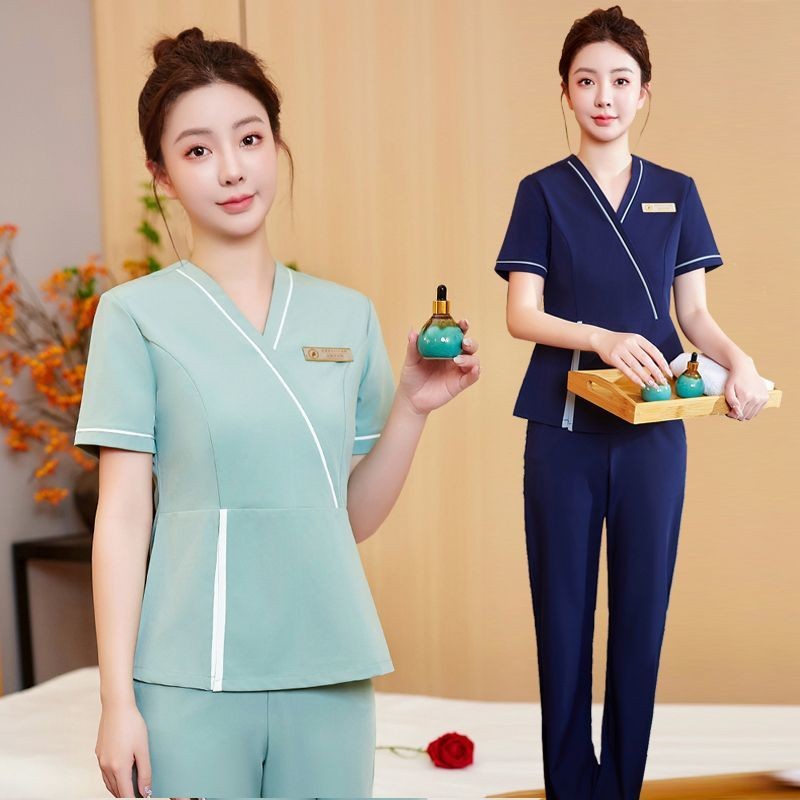 Xiao Su Beautician ฤดูร้อนแขนสั้น V คอ Workwear High-End อารมณ์ SPA ร้านเสริมสวย Health Salon Hairdressing Foot Bath ช่าง