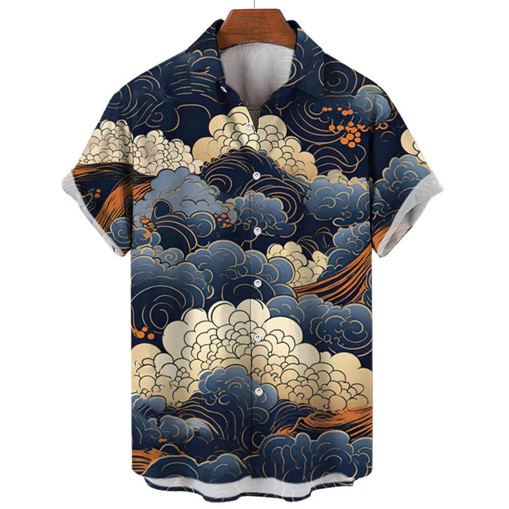 Shanhaijing ภาพอุกิโยะคลื่นและเมฆพิมพ์เสื้อเชิ้ตแขนสั้นผู้ชายลําลองทุกวันแฟชั่นฤดูร้อนสตรีทเทรนด์ท็อปส์ขนาดใหญ่
